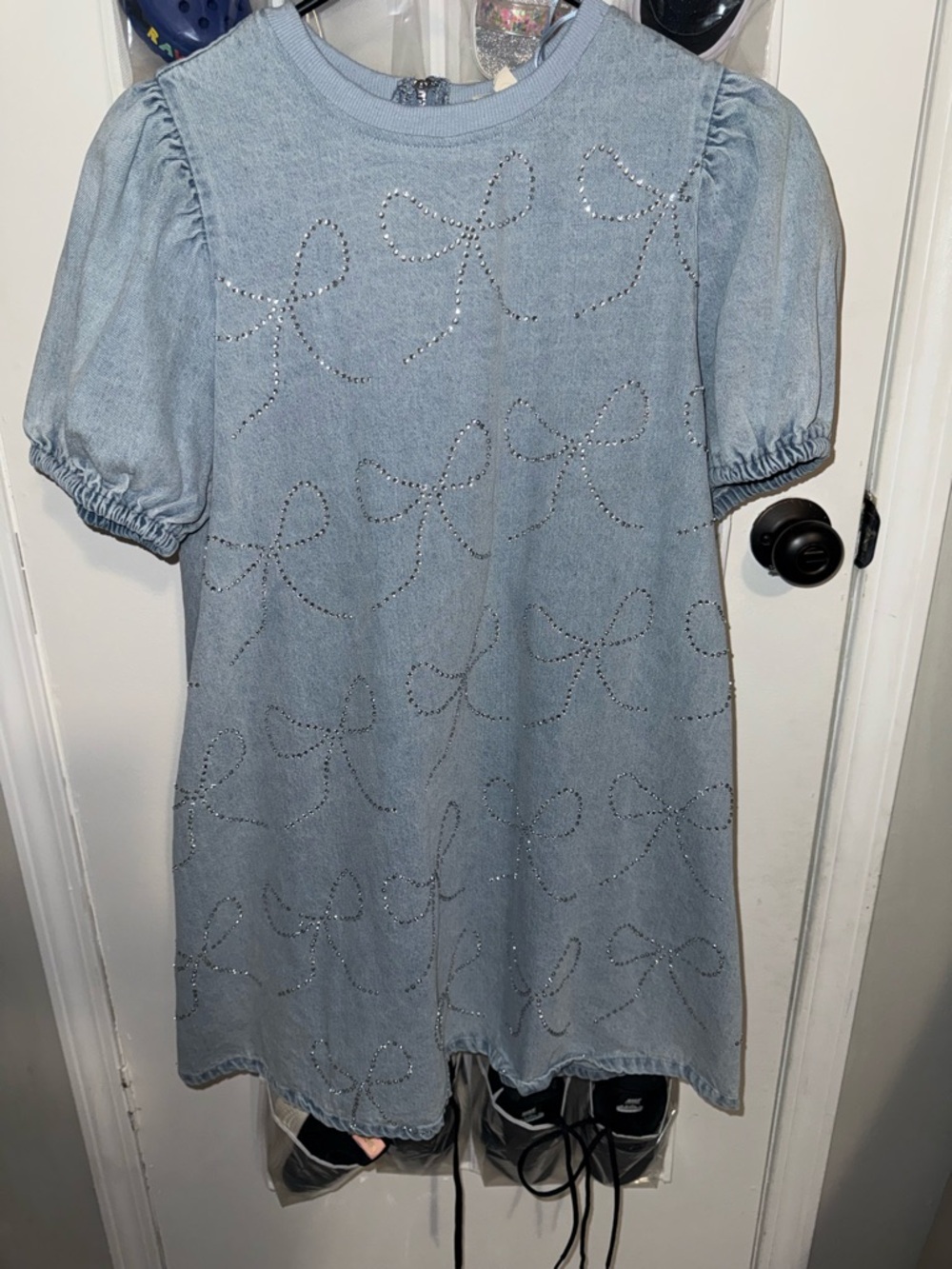 Trendy boutique Light Blue Mini Dress with Rhinestone Bows